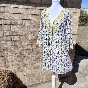 Barbara Gerwit Embellished Geometric Print Cover-Up Tunic Top Women Size Large